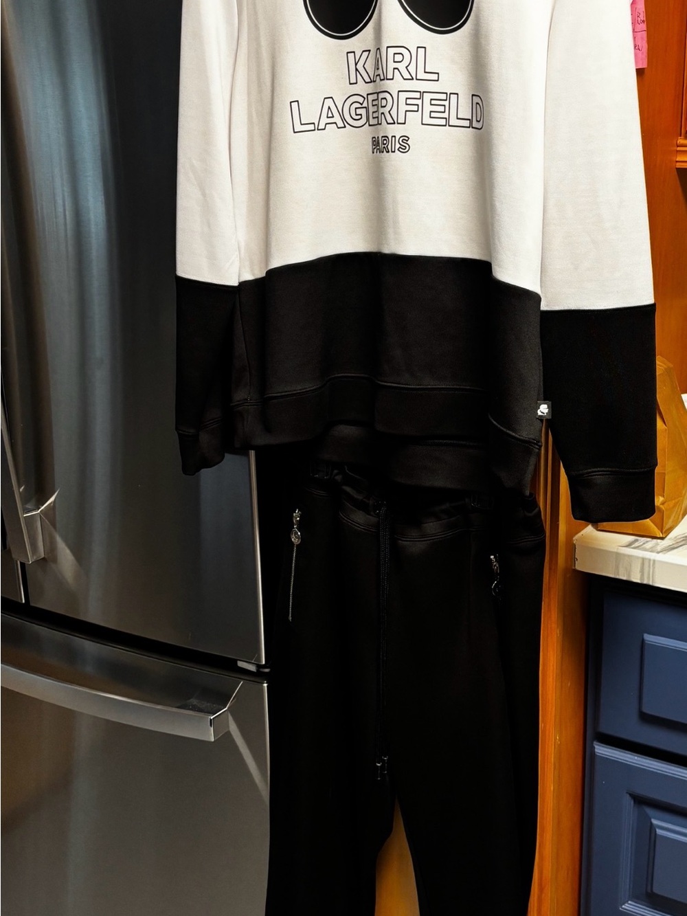 Karl Lagerfeld Black and White Colorblock Crewneck Sweater with matching joggers